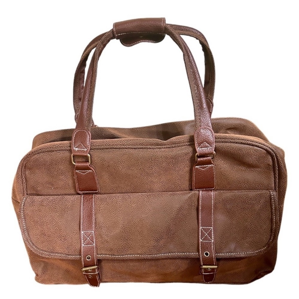 MATCHING 4 PIECE SET OF TRAVEL BAGS, NWOT. FAUX BROWN LEATHER. - Picture 8 of 15